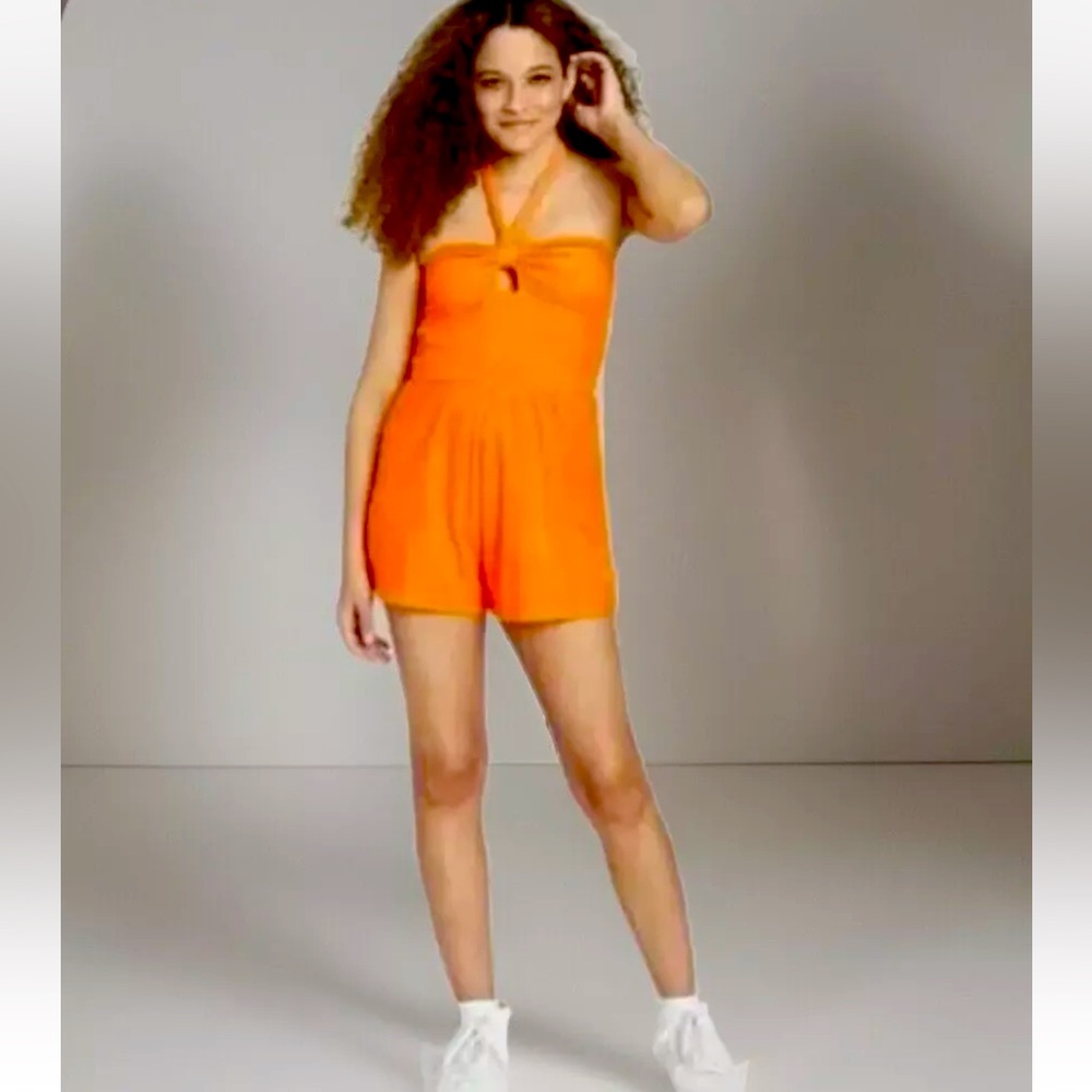 Wild fable orange sleeveless halter tie towel terry romper shorts size S